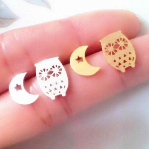 Simple Cute Crescent Moon and Owl Earring